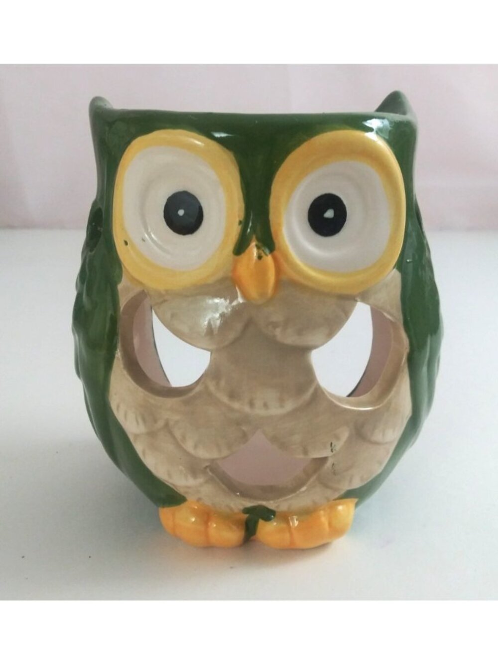 Adorable Ceramic Green Owl 4.25" Tea Light Candle Holder Wax Melter